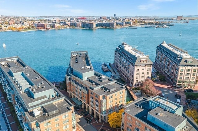 bird's eye view with a water view