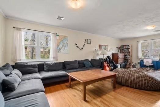 living area with visible vents and wood finished floors
