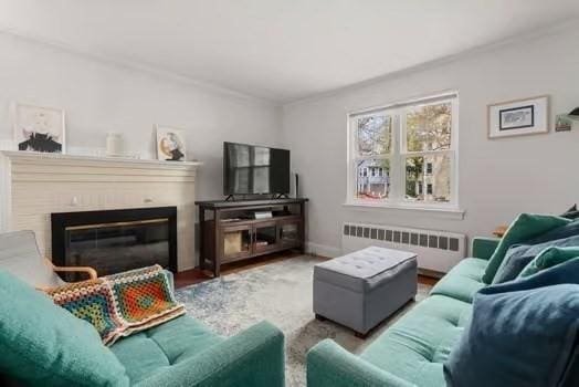 living room featuring radiator heating unit, wood finished floors, and a glass covered fireplace