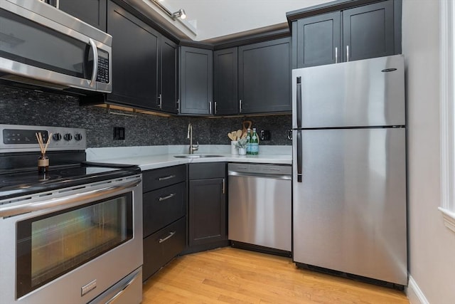 kitchen featuring light wood-type flooring, appliances with stainless steel finishes, tasteful backsplash, and sink