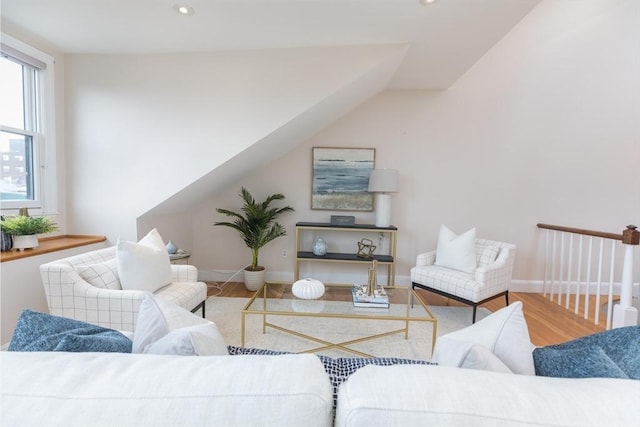 living room with vaulted ceiling and wood-type flooring