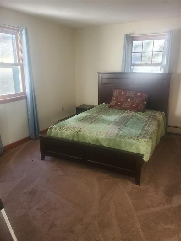 bedroom featuring multiple windows and dark colored carpet