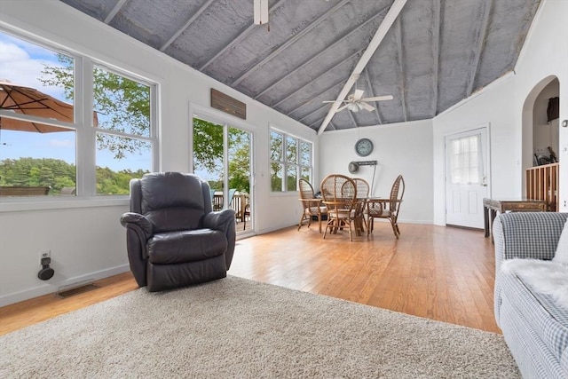52 Lake Shore Dr, Essex, MA 01929 - sunroom featuring hardwood / wood-style flooring, high vaulted ceiling, baseboards, and beamed ceiling