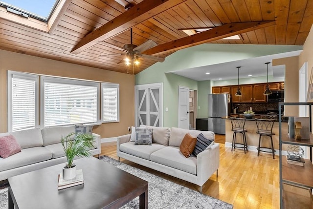 living area featuring baseboards, lofted ceiling with skylight, wood ceiling, and light wood-style floors