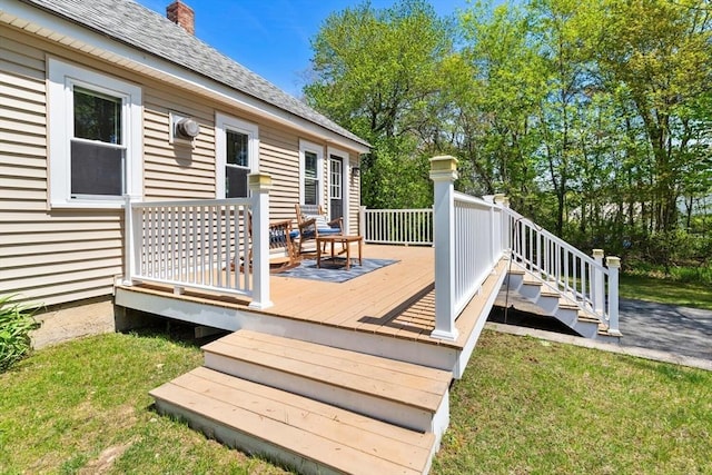 1 Batchelder Ave, North Reading, MA 01864 - wooden terrace featuring stairway and a lawn