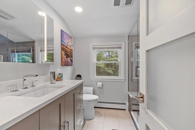 81 Baldwin Rd, Billerica, MA 01821 - full bathroom with baseboard heating, vanity, lofted ceiling, tile patterned floors, and recessed lighting