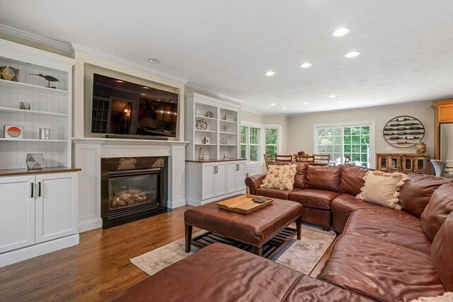 4 Kestrel Way, Carver, MA 02330 - living area with crown molding, wood finished floors, recessed lighting, a fireplace with flush hearth, and built in shelves
