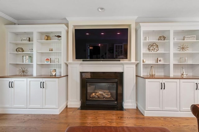 4 Kestrel Way, Carver, MA 02330 - living area with light wood-style floors, a fireplace with flush hearth, and ornamental molding
