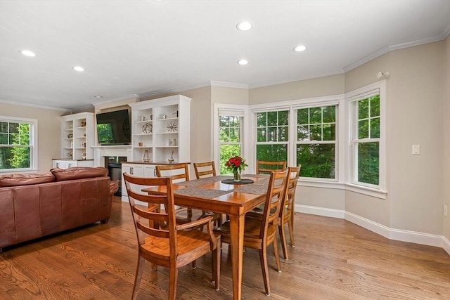 4 Kestrel Way, Carver, MA 02330 - dining room with light wood-style floors, recessed lighting, baseboards, crown molding, and a fireplace