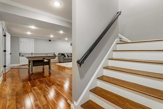4 Kestrel Way, Carver, MA 02330 - stairs featuring crown molding, recessed lighting, hardwood / wood-style flooring, and baseboards
