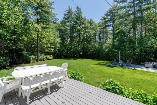 4 Kestrel Way, Carver, MA 02330 - wooden deck with outdoor dining area, a lawn, and a patio area