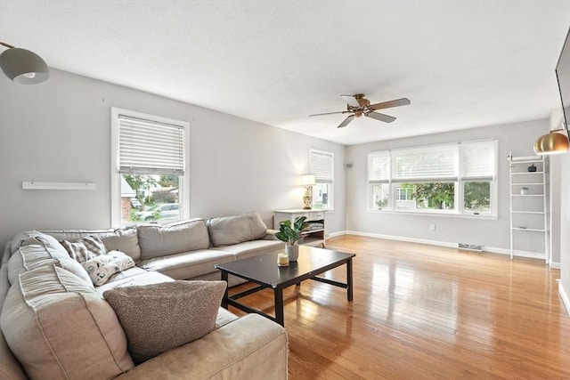 19 Arnold Ave, Chicopee, MA 01013 - living area featuring ceiling fan, light wood finished floors, and baseboards