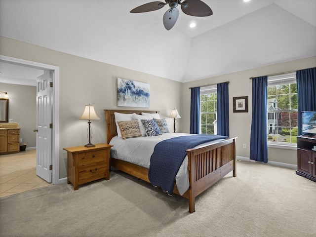 66 Saville, North Andover, MA 01845 - bedroom featuring light colored carpet, multiple windows, lofted ceiling, baseboards, and ceiling fan