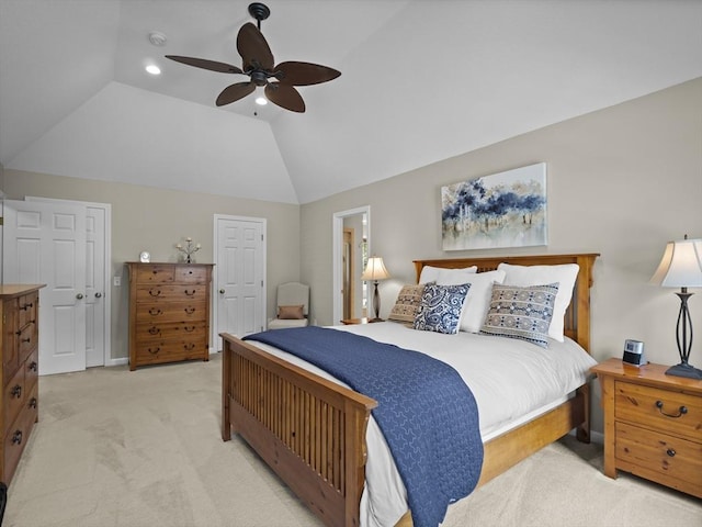 66 Saville, North Andover, MA 01845 - bedroom with light carpet, lofted ceiling, ceiling fan, baseboards, and recessed lighting