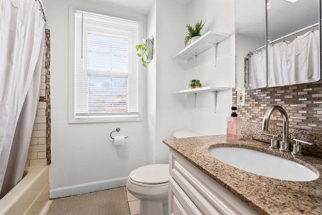 full bathroom featuring tile patterned floors, toilet, vanity, shower / bath combo, and decorative backsplash