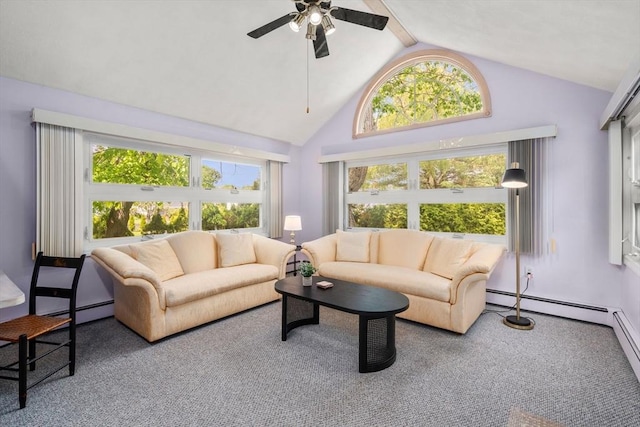 68 Shelton Rd, Swampscott, MA 01907 - carpeted living room with a ceiling fan, high vaulted ceiling, a baseboard radiator, and beamed ceiling