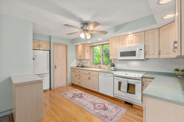 68 Shelton Rd, Swampscott, MA 01907 - kitchen with white appliances, light brown cabinetry, ceiling fan, light wood finished floors, and recessed lighting