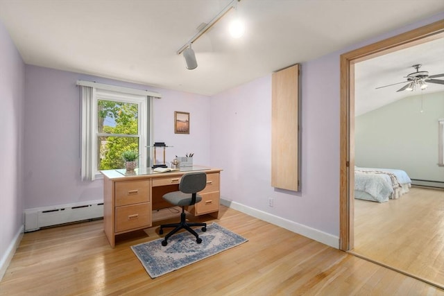 68 Shelton Rd, Swampscott, MA 01907 - home office with baseboard heating, light wood-style floors, track lighting, baseboards, and ceiling fan