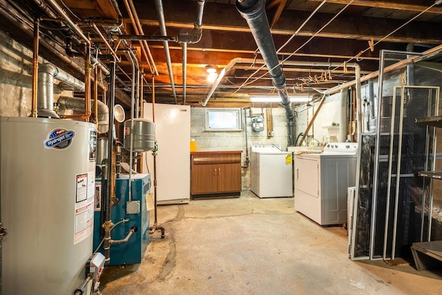 68 Shelton Rd, Swampscott, MA 01907 - below grade area featuring water heater, separate washer and dryer, a heating unit, and freestanding refrigerator