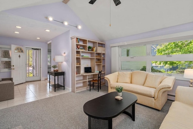 68 Shelton Rd, Swampscott, MA 01907 - living room with an office area, healthy amount of natural light, vaulted ceiling, baseboard heating, and tile patterned flooring