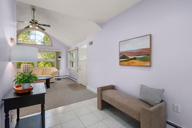 68 Shelton Rd, Swampscott, MA 01907 - entrance foyer with a baseboard radiator, ceiling fan, vaulted ceiling, baseboards, and carpet