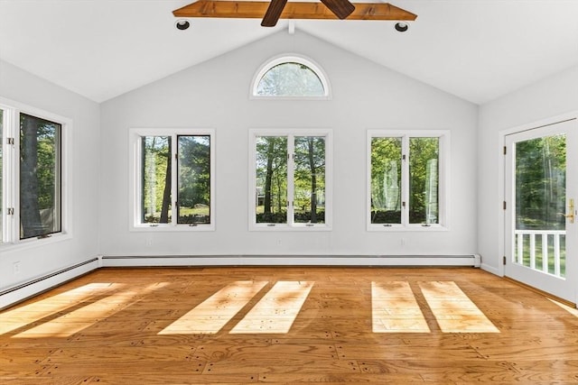 unfurnished sunroom with lofted ceiling and baseboard heating