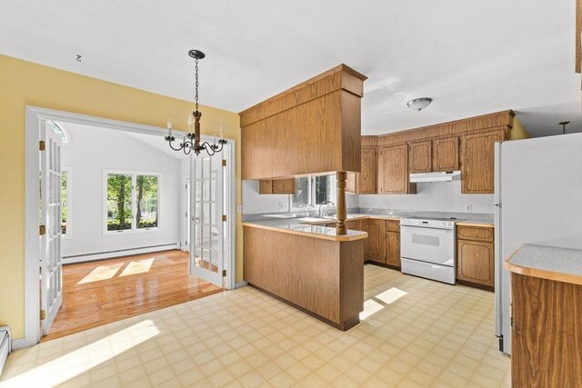 kitchen featuring white appliances, under cabinet range hood, brown cabinetry, a baseboard radiator, and light flooring