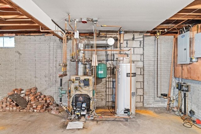 basement with water heater, electric panel, and a heating unit