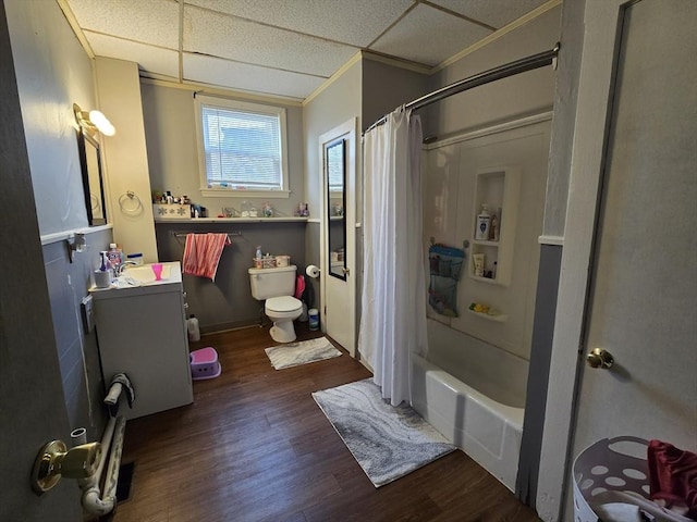 20 Central St, West Brookfield, MA 01585 - full bath with wood finished floors, a paneled ceiling, toilet, shower / tub combo with curtain, and vanity