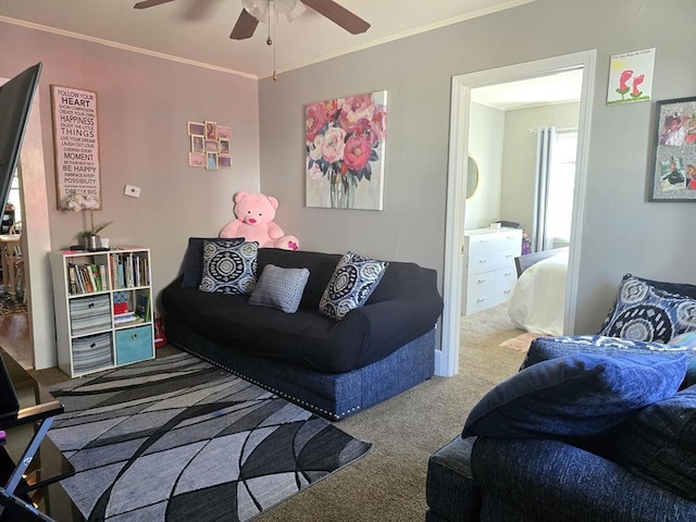 20 Central St, West Brookfield, MA 01585 - carpeted living room featuring a ceiling fan and ornamental molding