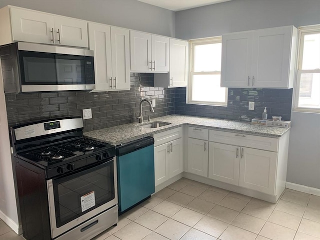 kitchen with stainless steel appliances, decorative backsplash, a sink, and white cabinetry