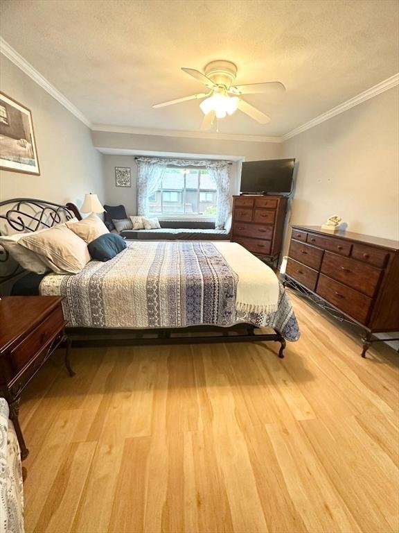 6 Tamarack Ln Unit 6, Peabody, MA 01960 - bedroom featuring light wood finished floors, ornamental molding, and a ceiling fan