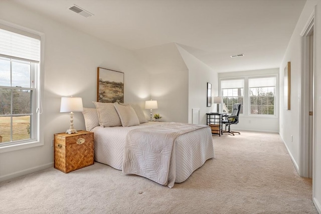 bedroom featuring carpet flooring, baseboards, and visible vents