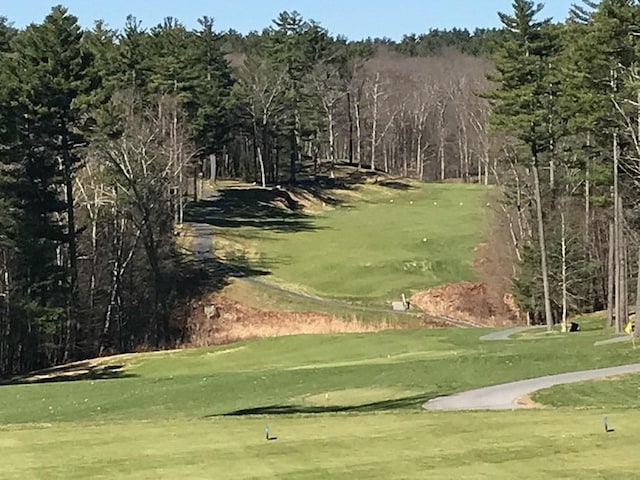 surrounding community with a lawn, golf course view, and a forest view