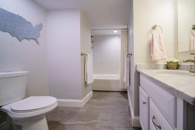 full bath with toilet, baseboards, vanity, recessed lighting, and shower / bath combination with curtain
