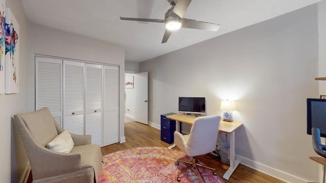 office with ceiling fan, light wood-style floors, and baseboards