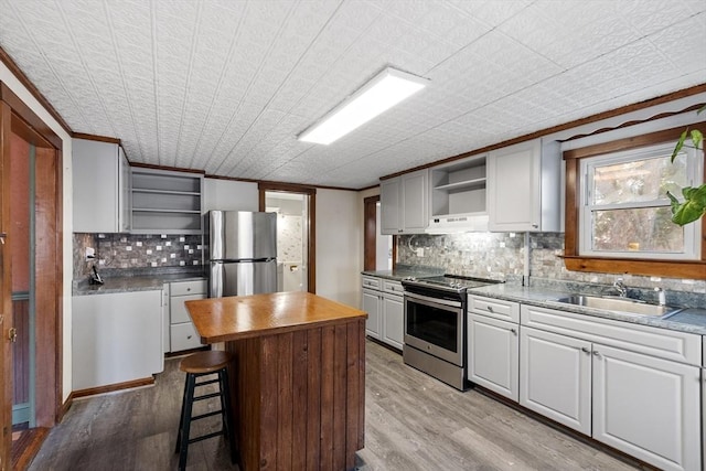 kitchen featuring open shelves, light wood finished floors, appliances with stainless steel finishes, and a sink