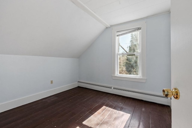 bonus room with a baseboard heating unit, vaulted ceiling, baseboards, and wood-type flooring