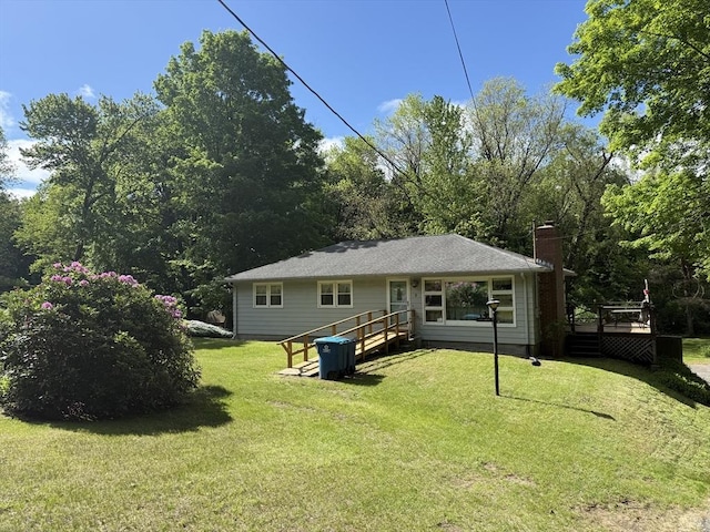 4 King Ln, Monson, MA 01057 - rear view of property featuring a wooden deck, a chimney, and a lawn