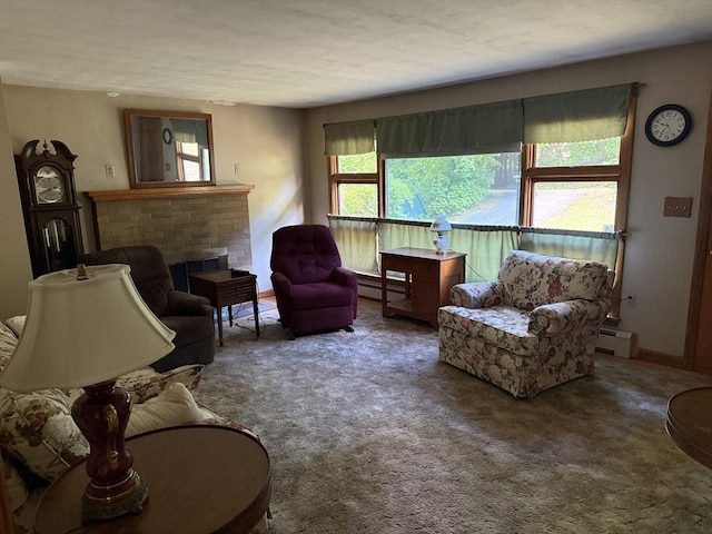 4 King Ln, Monson, MA 01057 - carpeted living area featuring baseboard heating and a brick fireplace