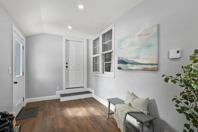 entrance foyer featuring lofted ceiling, recessed lighting, baseboards, and wood finished floors