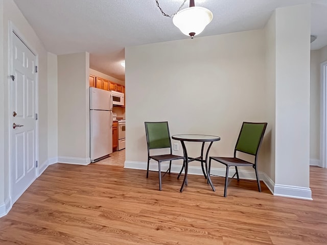 dining space with light hardwood / wood-style flooring and a textured ceiling