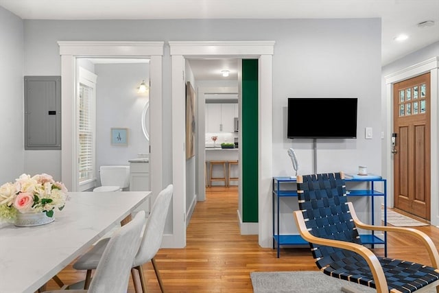 interior space featuring electric panel and light hardwood / wood-style floors