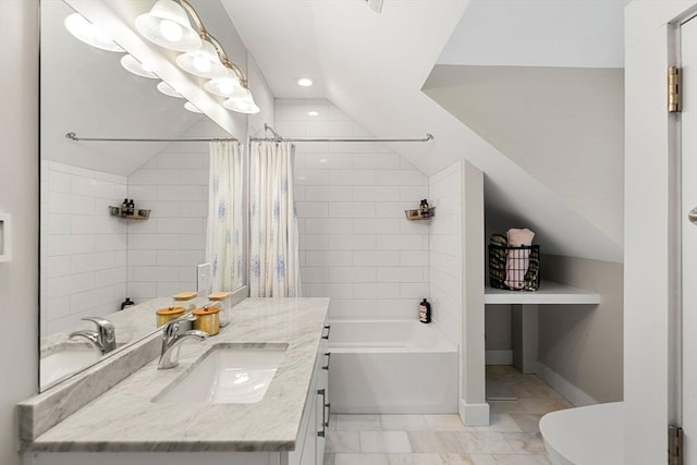 full bathroom with shower / bath combo, toilet, lofted ceiling, and vanity