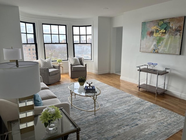 living room featuring wood finished floors and baseboards