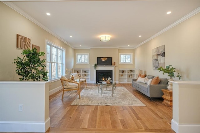 living room with crown molding and light hardwood / wood-style flooring