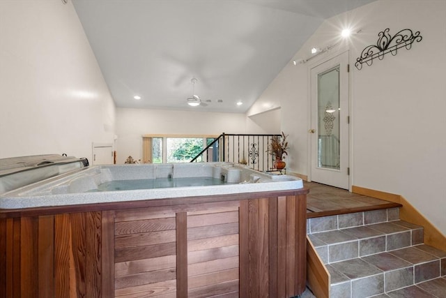16 Wadsworth Ln, Dartmouth, MA 02748 - kitchen featuring lofted ceiling, a ceiling fan, and recessed lighting