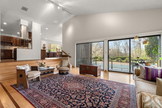 16 Wadsworth Ln, Dartmouth, MA 02748 - living room with track lighting, light wood finished floors, plenty of natural light, and high vaulted ceiling