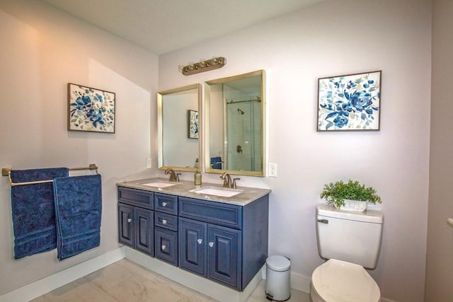 56 Otis-Tolland Rd, Blandford, MA 01008 - bathroom with double vanity, marble look tiles, and a shower with shower door