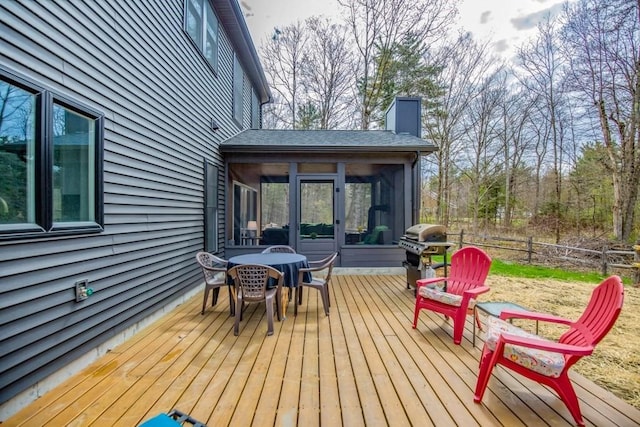 56 Otis-Tolland Rd, Blandford, MA 01008 - deck featuring grilling area, a sunroom, and outdoor dining space